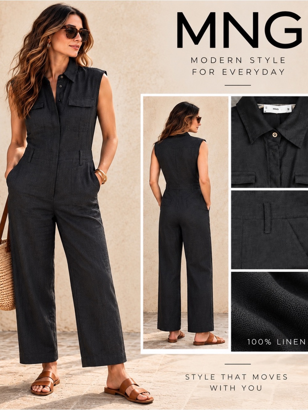 MNG Mango Black Linen Utility Ankle Jumpsuit Relaxed Fit Sleeveless NWT XS